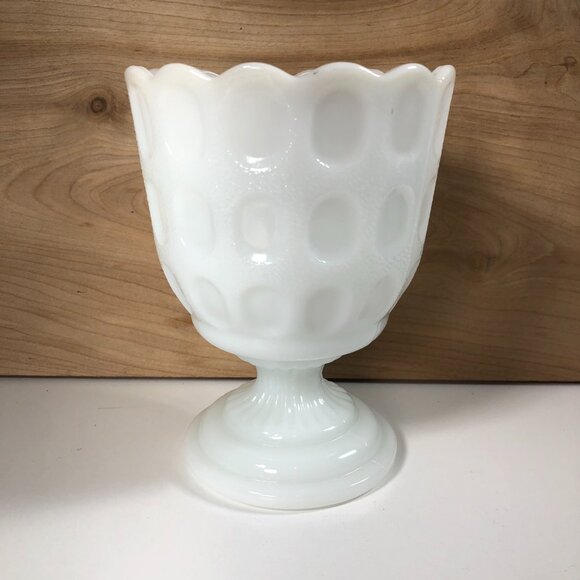 Vintage E O Brody Vase Milk Glass MCM Thumbprint Pedestal Planter 6" Tall M4200 - Picture 2 of 5